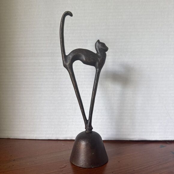 Tall Cat Metal Figurine 9.25” Tall On Metal Pedestal (NOT a bell) Modern Art - Picture 1 of 11